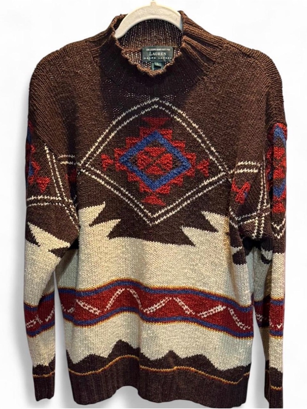 Rare Vintage Lauren Ralph Lauren Hand Knit Southwestern Linen Cotton Sweater L
